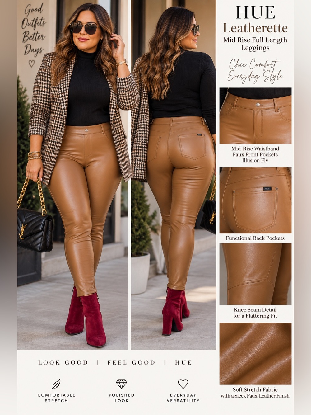 HUE Leatherette Mid Rise Full Length Leggings NWT